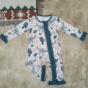 Floral bull skull cactus printed romper western baby girls zipper sleeper