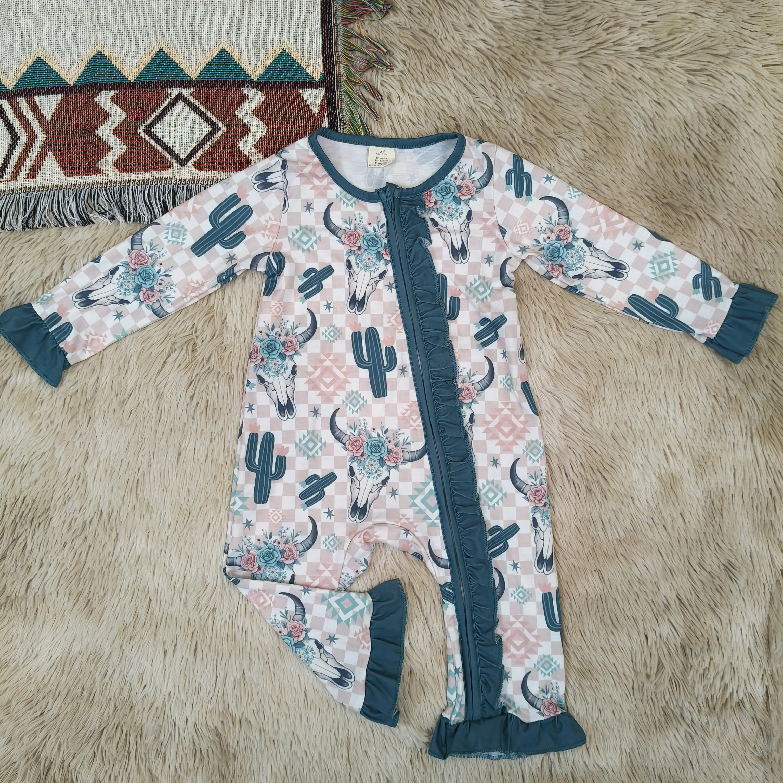 Baby Girls' Floral Bull Skull & Cactus Printed Zipper Sleeper, Western-Style Baby Clothing, Printed Sleepwear, Print Baby Girls Sleepwear