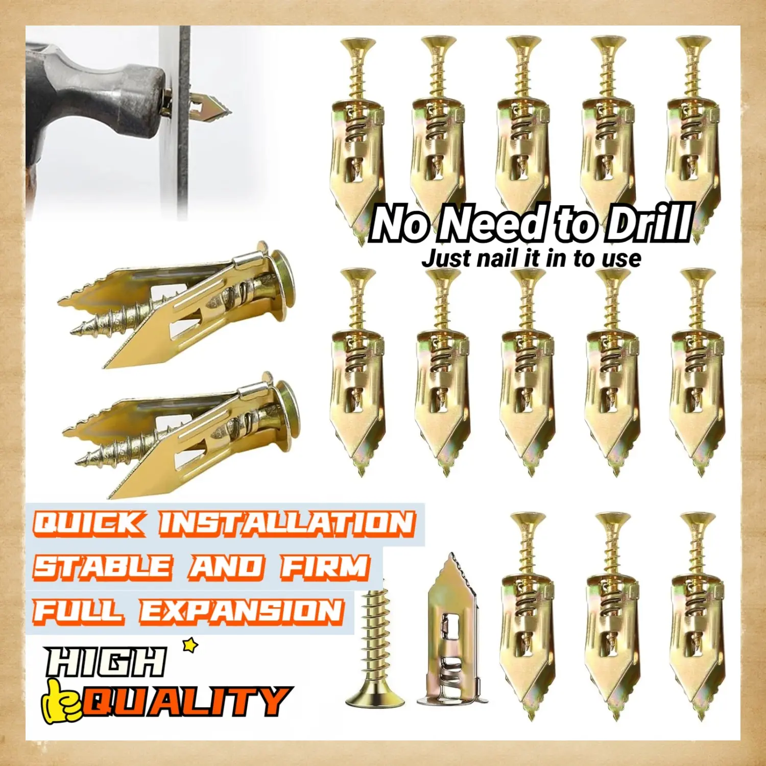 Upgraded Self Drilling Drywall Anchors with Screws Kit, Metal Self-Drilling Anchor Screw, Wall Anchors for Drywall Heavy Duty, No Drill Or Holes in Wall and Easy to Use, Drywall Screws for Fixing Picture, Furniture, Cabinets, Shelf, Curtains, Garden Decor