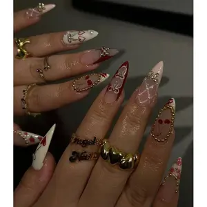S188 Romantic Lace Press-On Nails, 3D Heart Charms & Gold Studs, Ribbon Bows, Cherry & Rose Accents, Custom Handmade, Solana Nails Town