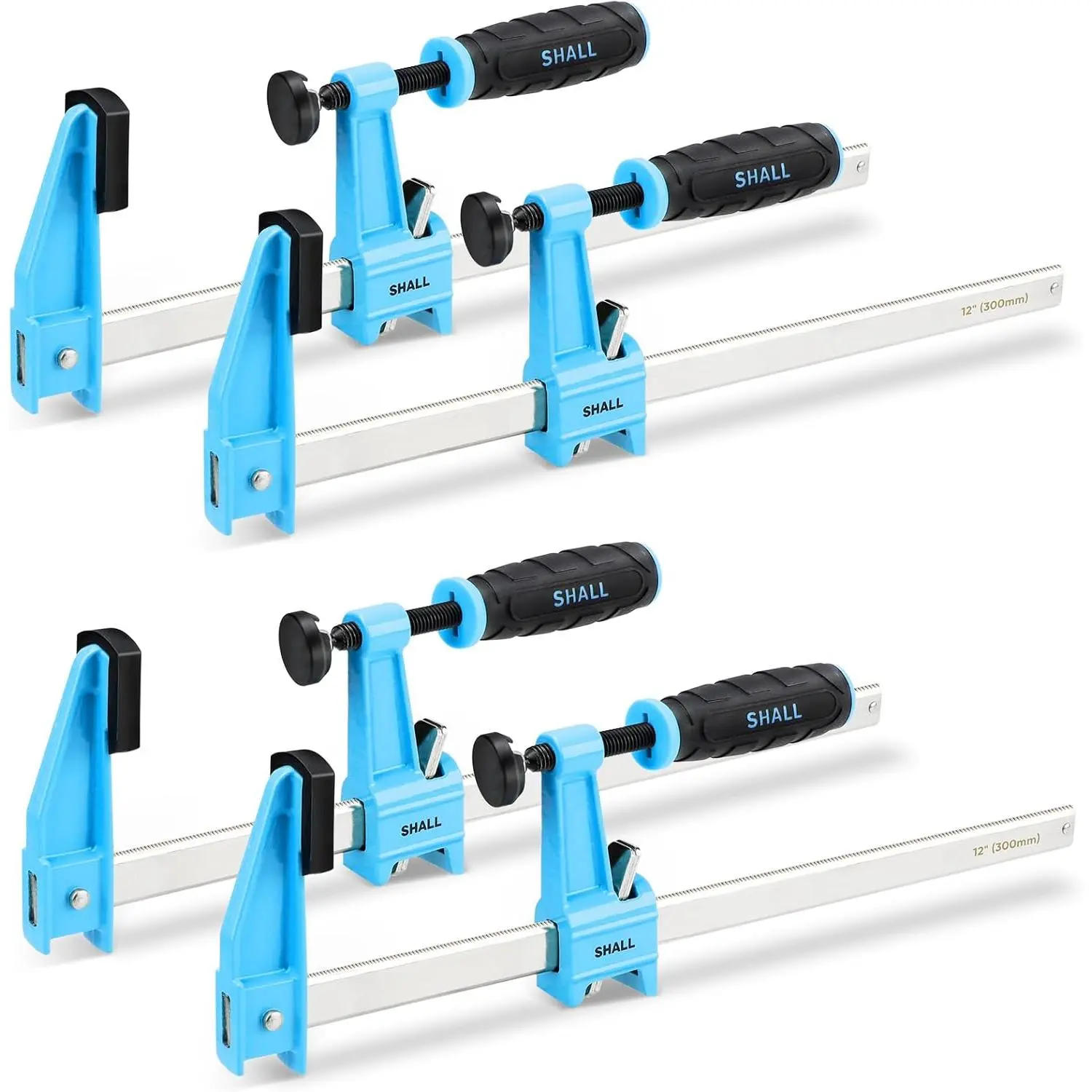 12-Inch Steel Bar F Clamps Set (4-Pack) - Medium-Duty Quick-Release, Quick-Adjust Design, Soft Anti-Slip Jaw Pads, Dual-Sided Precision Grooves, Ergonomic Rubber Handle, High Impact Resistance, 600 Lbs Load Limit for Woodworking, DIY
