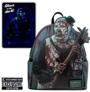 Terrifier Art the Clown Blood Splatter Glow-in-the-Dark Mini-Backpack - Entertainment Earth Exclusive Faux Leather with Applique & Side Drop Pockets