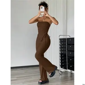 tiktokEZwear2pcs SetWomenKnitMousseBrownRuchedHemAsymmetricalCamisoleTopAndFlaredPantsSet Spring / Summer