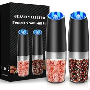 New Deal - Gravity Electric Pepper and Salt Grinder Set, Adjustable Coarseness, Battery Powered with LED Light, One Hand Automatic Operation, Stainless Steel Black, 2 Pack