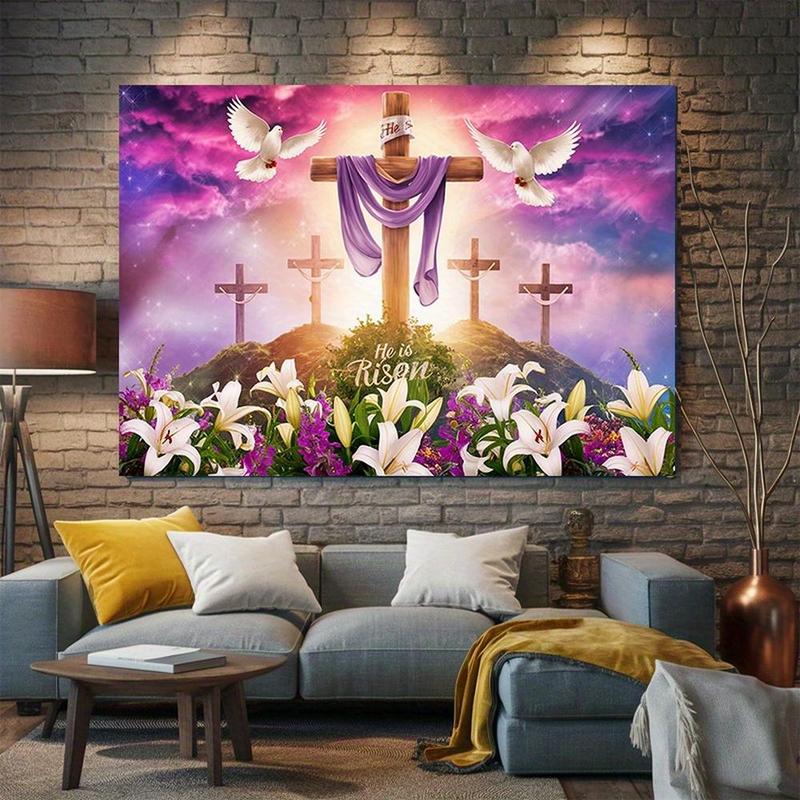 Modern Farmhouse 1pc Easter Celebration Amber Glow Polyester Banner - Vibrant "He Is Risen" Cross Design with Lilies, Doves & Stars, Perfect for Home, Room, Wall, and Party Decorations