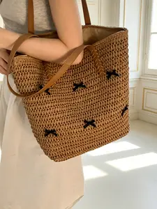 Women's 2026 New Summer Fashion Large-Capacity Woven Straw Backpack with Bow, Holiday-Style Gym & Outdoor Shoulder Tote Bag