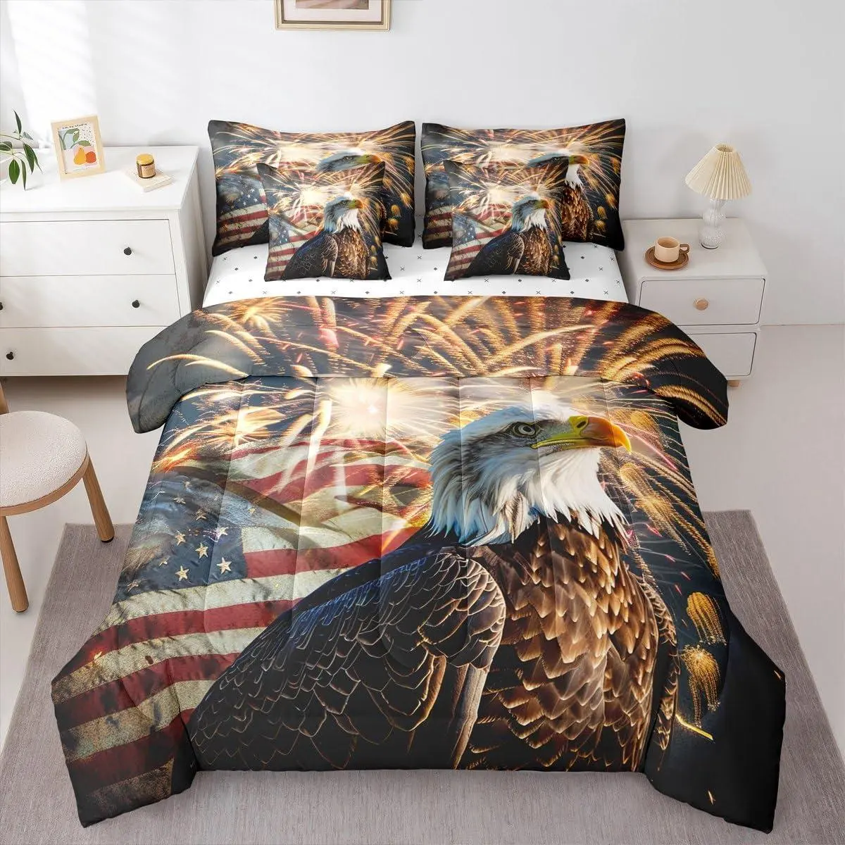 American Flag 7 Piece Bedding Set,Eagle Bed in A Bag Firework Comforter with Sheets Wildlife Animal Bird Bed Sets