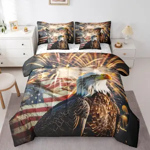 American Flag 7 Piece Bedding Set,Eagle Bed in A Bag Firework Comforter with Sheets Wildlife Animal Bird Bed Sets