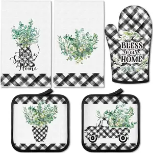 5 Pcs Buffalo Plaid Oven Mitts Pot Holders Dish Towels Set Includes 2 Farmhouse Kitchen Towels 2 Potholders 1 Microwave Glove for Kitchen Cooking Eucalyptus