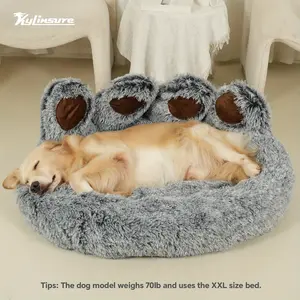 Double Gray Cute Bear Paw Shaped Pet Mattress, Warm And Comfortable Soft Dog Round Mattress, Calm Donut Pet Mattress, Plush Dog And Cat Mattress, Paired With A Pet Scarf