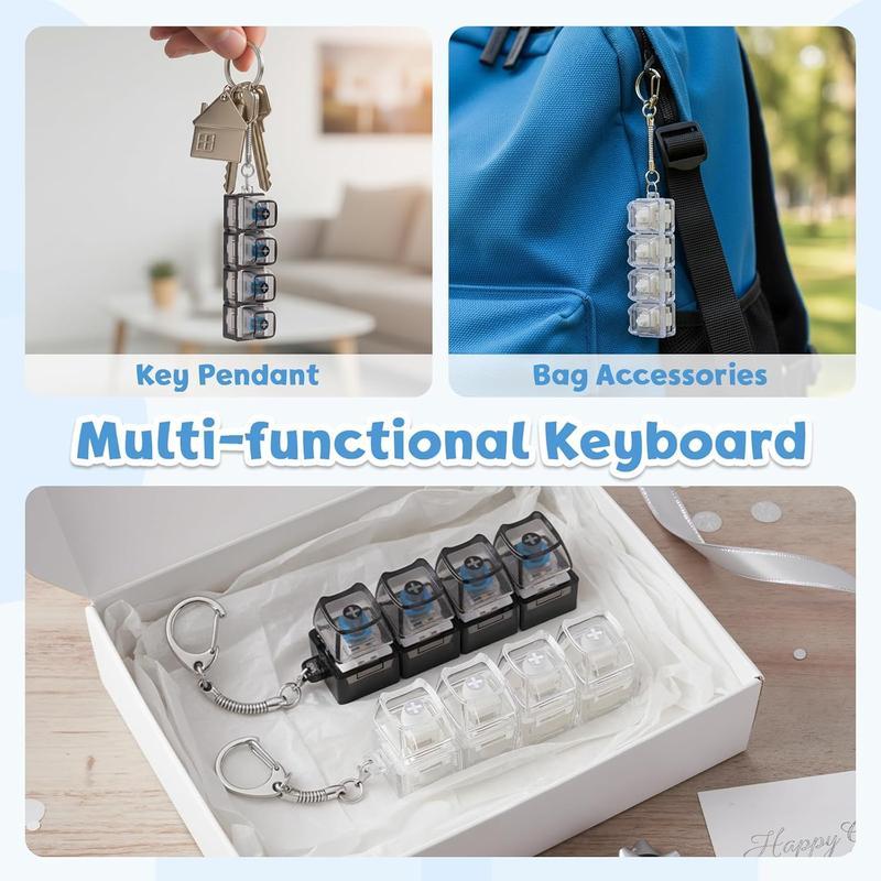 4 Pack Mechanical Keyboard Keychain Decorations with LED Glowing Lights, Stress Relief Fingertip Clicker with Transparent Crystal Keycaps, Fingertip Fidget Toys and Fun Pendant for Boys, Girls and Adults, New Year's Day Gifts, Valentine's Day Gifts