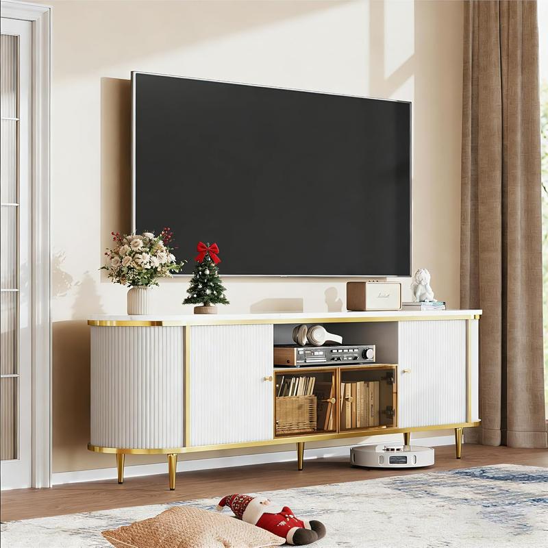 【Ships in 1 Packages】Oneinmil Luxury 70" Fluted TV Stand Modern Entertainment Center for TVs Up to 80" TV Console with Faux Marble Tabletop Curved Profile Design Media Console for Living Room bedroom tables nursery