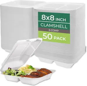 Freshware 3-Compartment Clamshell Food Containers 8x8” (50 Pack) – Heavy Duty Disposable To Go Boxes, Leak Resistant, Microwave Safe, Compostable