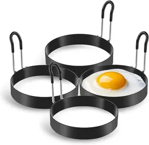 Stainless Steel Egg Ring, 2 counts per set Round Egg Ring for Frying with Silicone Handle, Egg Ring for Griddle Breakfast Cooking, Fried Burger Patty Ring Nonstick Mold,