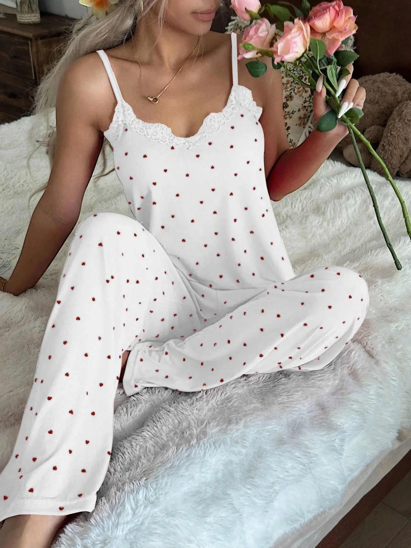 Spring Summer New Heart Print Women's Lace Trim Pajama Set Loungewear, Elastic Fabric Comfortable Breathable, Indoor Outdoor Casual Home Wear