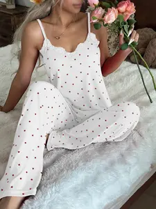 Spring Summer New Heart Print Women's Lace Trim Sleepwear Pajama Set, Elastic Fabric Comfortable Breathable, Indoor Outdoor Casual Home Wear