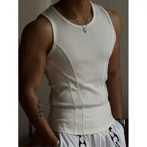 Men's American-Style Paneled Racerback Tank Top — Summer Slim-Fit Athletic & Fitness Wear. Features: Coarse Ribbing, High-Stretch Fabric, Sweat-Wicking, and Breathable.