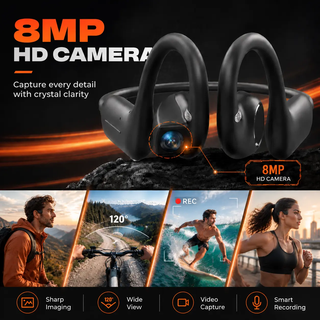 E12 Bone Conduction Wireless Headphones with 8MP EIS Stabilized Camera, 160+ Languages Instant Translation, AI Recognition, Touch & Button Control, Voice Recording Bluetooth Headset for Cycling, Running, Vlog Recording and Outdoor Sports