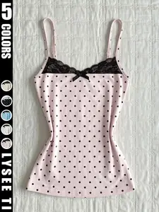 Summer Soft Polka Dot Lace Thin Strap Top, Girlish Bow Tie Slim Fit Short Sleeve Innerwear, Trendy Women's Clothing