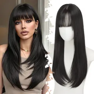Long Black Hair Topper with Bangs for Women, 4x4 Realistic Scalp,Free Parting, Layered Hairstyle Synthetic Heat Resistant for Daily Party Use 20 inch