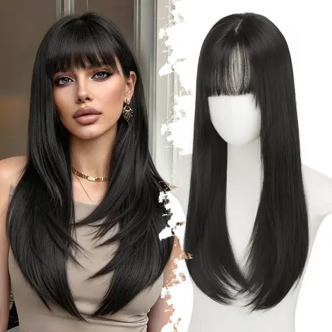 Long Black Hair Topper with Bangs for Women, 4x4 Realistic Scalp,Free Parting, Layered Hairstyle Synthetic Heat Resistant for Daily Party Use 20 inch