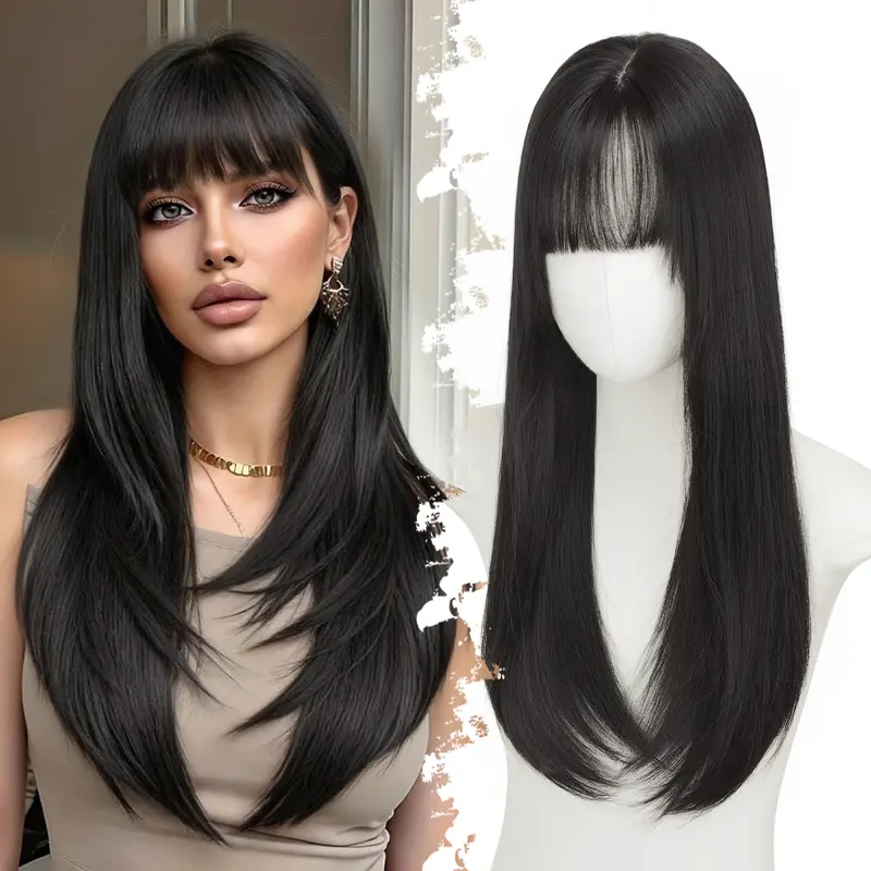 Long Black Hair Topper with Bangs for Women, 4x4 Realistic Scalp,Free Parting, Layered Hairstyle Synthetic Heat Resistant for Daily Party Use 20 inch