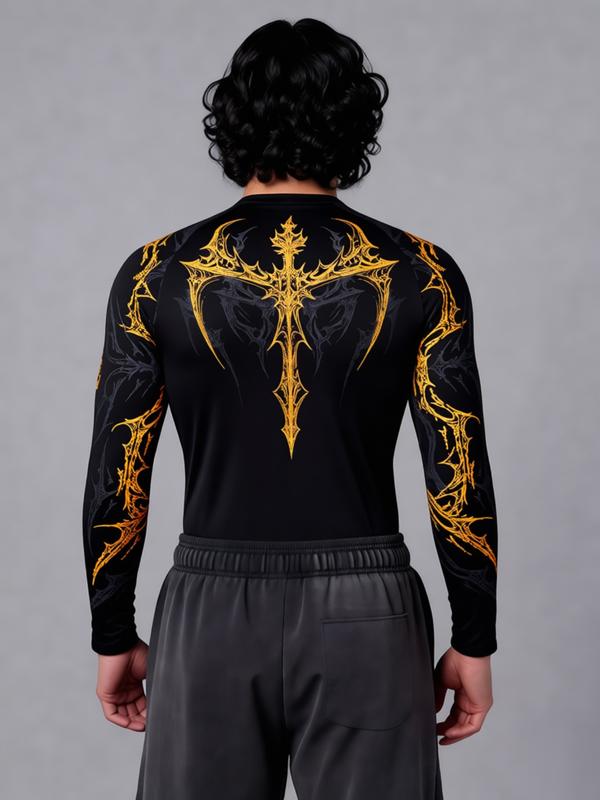 Men's Professional Sports Quick-Dry Fitness Shirt, Gothic Print Long Sleeve, High Elasticity, Round Neck, Moisture-Wicking, Running, Training, Daily Wear, Gym Workout Shirt