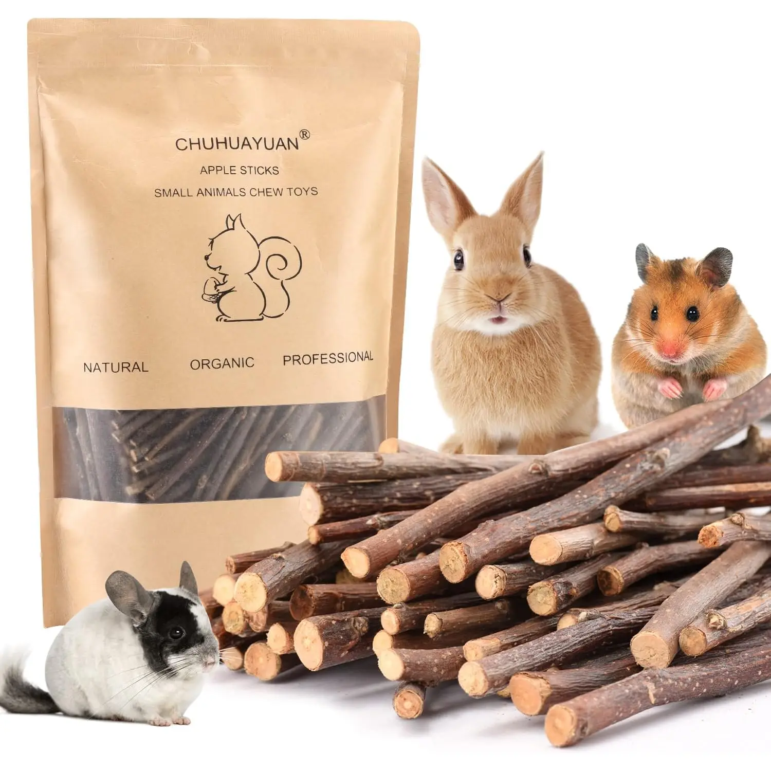 CHUHUAYUAN Natural Apple Sticks, 100g Treats Food for Small Animals, Chew Toys for Chinchilla Guinea Pigs Rabbit Squirrel Hamster Bunny (100g)