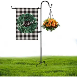 Garden Flag Holder Stand and Shepherds Hooks, 48 Inch Height with 1/2 Thick Metal Pole-Outdoor Lawn Yard Stake for Small 12x18, Solar Lights-Mini (1), Black (GFSH-X1)