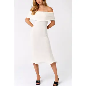 Wavy Hem Off The Shoulder Midi Dress