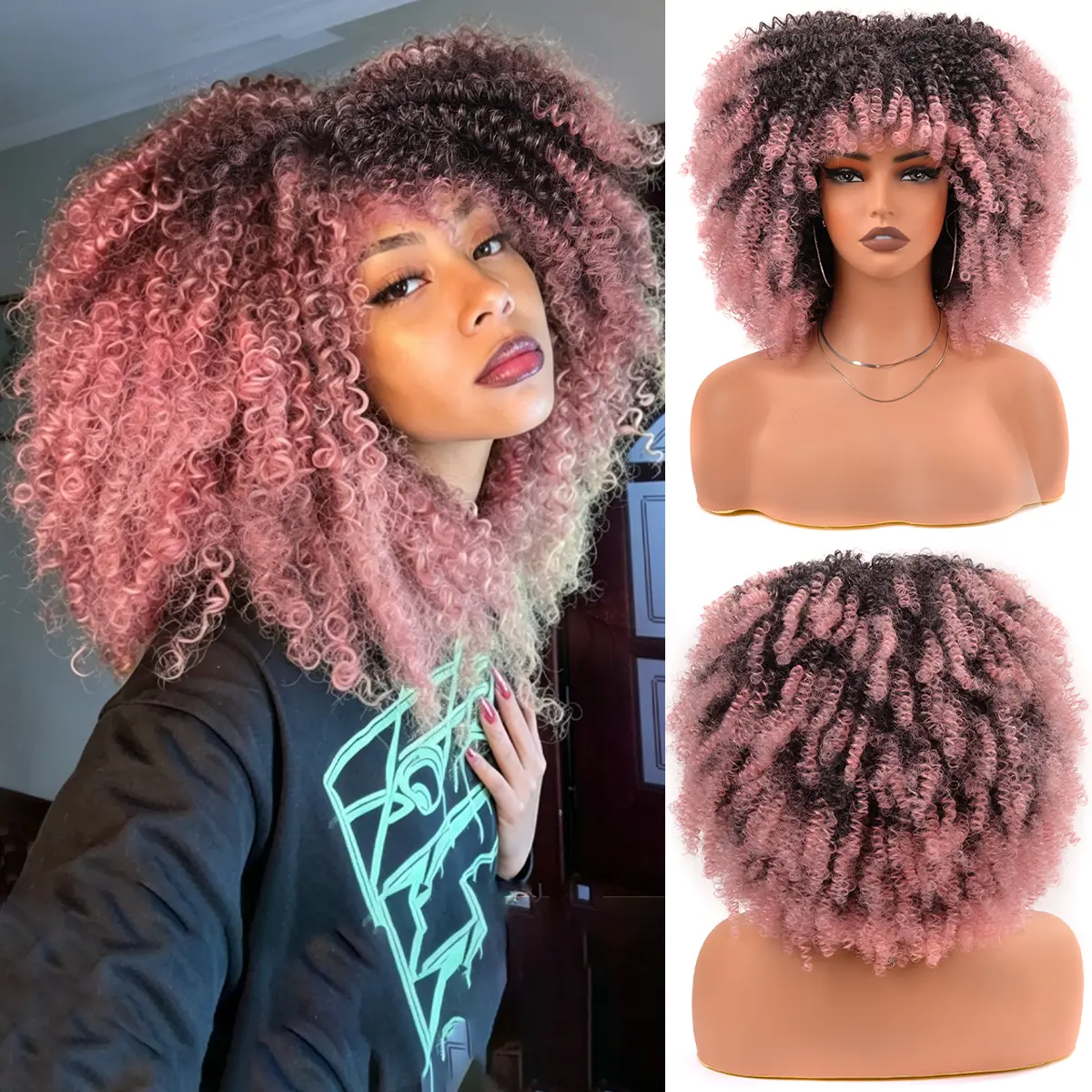 VITORISH Synthetic Wig 12 Inches Curly Afro Wig With Bangs 280g Full Machine Made Afro Kinky Curly Hair Cosplay Loose Wave Heat-Resistant Fiber for Daily Wear & Theme Parties