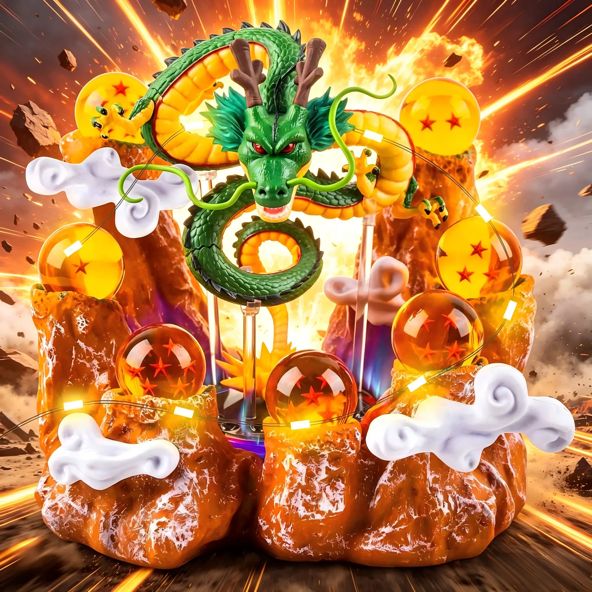Dragon Statue Set-Resin Dragon with 3.6cm 7 crystal balls and Cloud relief sculpture mountain stands with LED| Perfect for anime collectors and decorators
