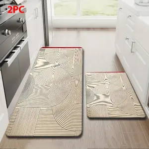2/3 Piece Flannel Kitchen Mat Set, Geometric Arc & Straight Line Art Design, Modern Minimalist Home Decor, Non-Slip, Absorbent