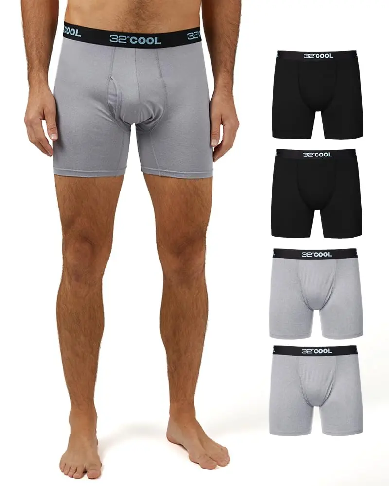 32 Degrees Cool Mens 4-PACK Quick Dry Performance Boxer Brief With Comfort Elastic Waistband, 2 Black/2 Icy Grey Heather, X-Large