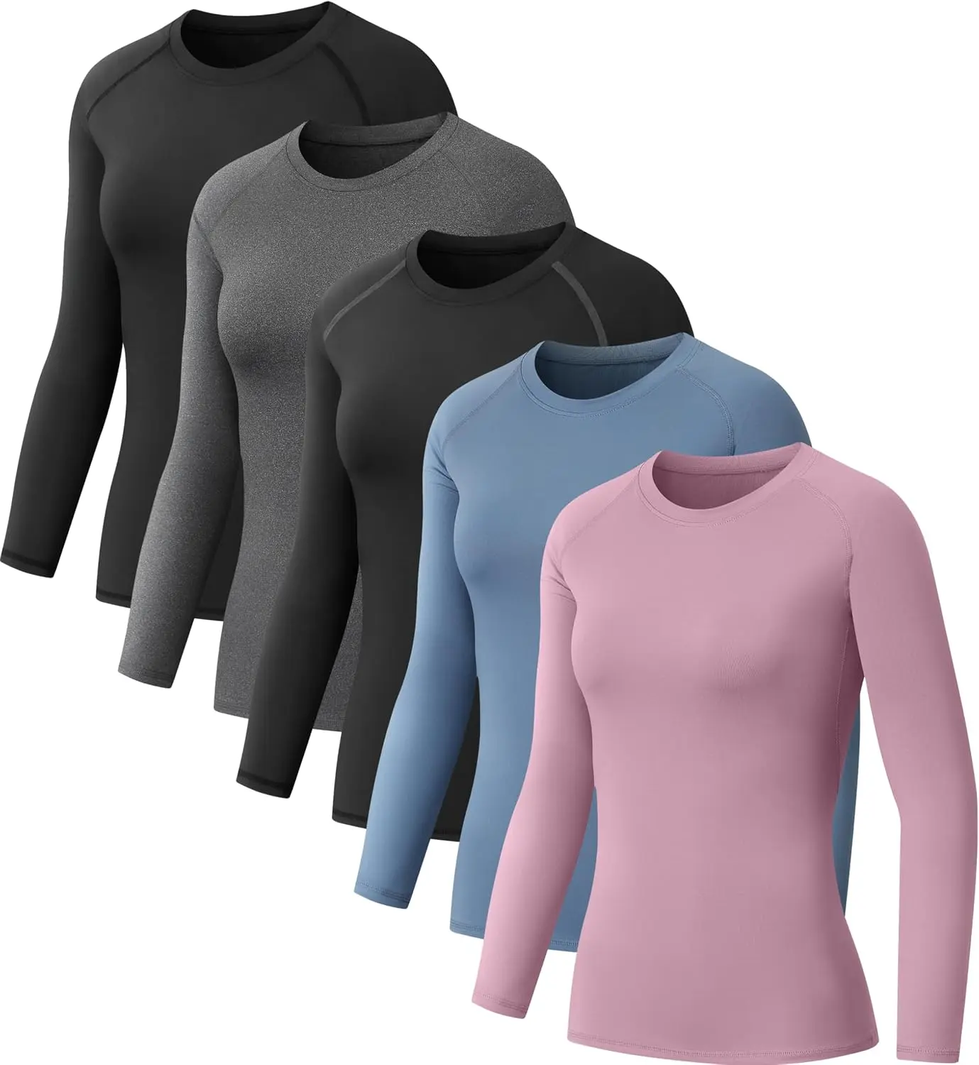 5 Pack Women's Compression Shirts Long Sleeve for Workout & Baselayer |   Moisture Wicking, Quick Dry, 4-Way Stretch, Tight Fit, Crew Neck Underscrub, Yoga Gym Running Fitness Athletic Tops