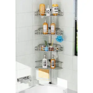Shower  Tension Pole: 4-Tier Rustproof Bathroom Corner Shelf Organizer for Renter - No Drill Large Shampoo Storage Rack - Adjustable -121" - Space Saving Bathtub Accessory -  Gray