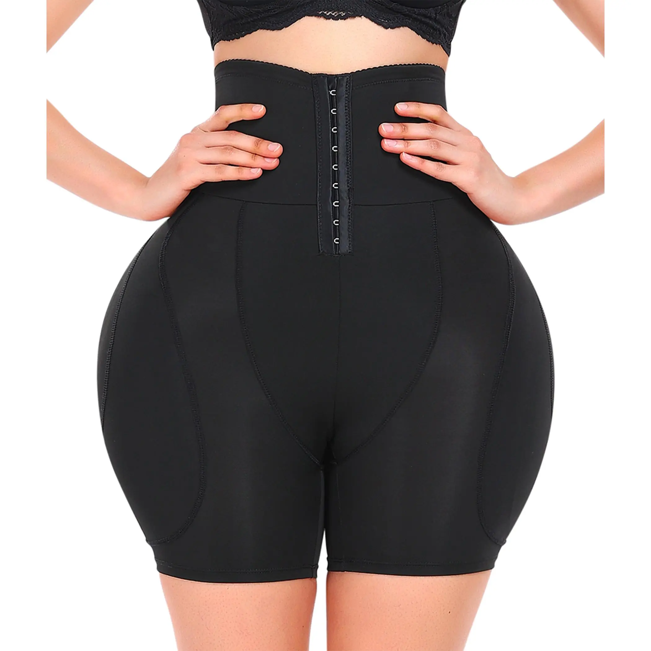 Women's Hipster Cut Shapewear Shorts, Solid High Waist Compression Activewear for Tummy Control & Butt Lifting with Hook Closure & 4 Removable Hip Pads, Valentines Day Gift, Christmas