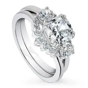 BERRICLE Sterling Silver 3-Stone Wishbone 7-Stone Engagement Rings Statement Stackable Band for Women, 2 Carat Cushion Cut Cubic Zirconia CZ Ring Set
