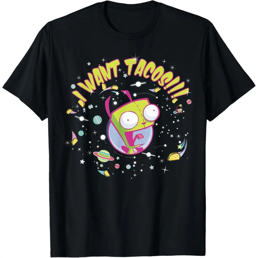 100% Premium Cotton Casual Graphic Print Sports Top - Nickelodeon Invader Zim Gir Wants Tacos, Short-Sleeve, Round Neck, Small Size, Casual Wear, T-1-Black
