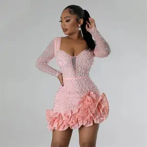 New Women's Pink Mesh Sleeve Bodycon Dress with Diamonds & Rhinestones for Birthday Party & Formal Wear - Basic Minimalist Style