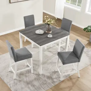 5-Piece Modern Square Top 4-Seat Counter Height Dining Table Set with 2-Tone Upholstered Rubberwood Chairs, Indoor Furniture for Kitchen & Dining Room (Light Grey & Black, Grey & White), Dining Table Sets