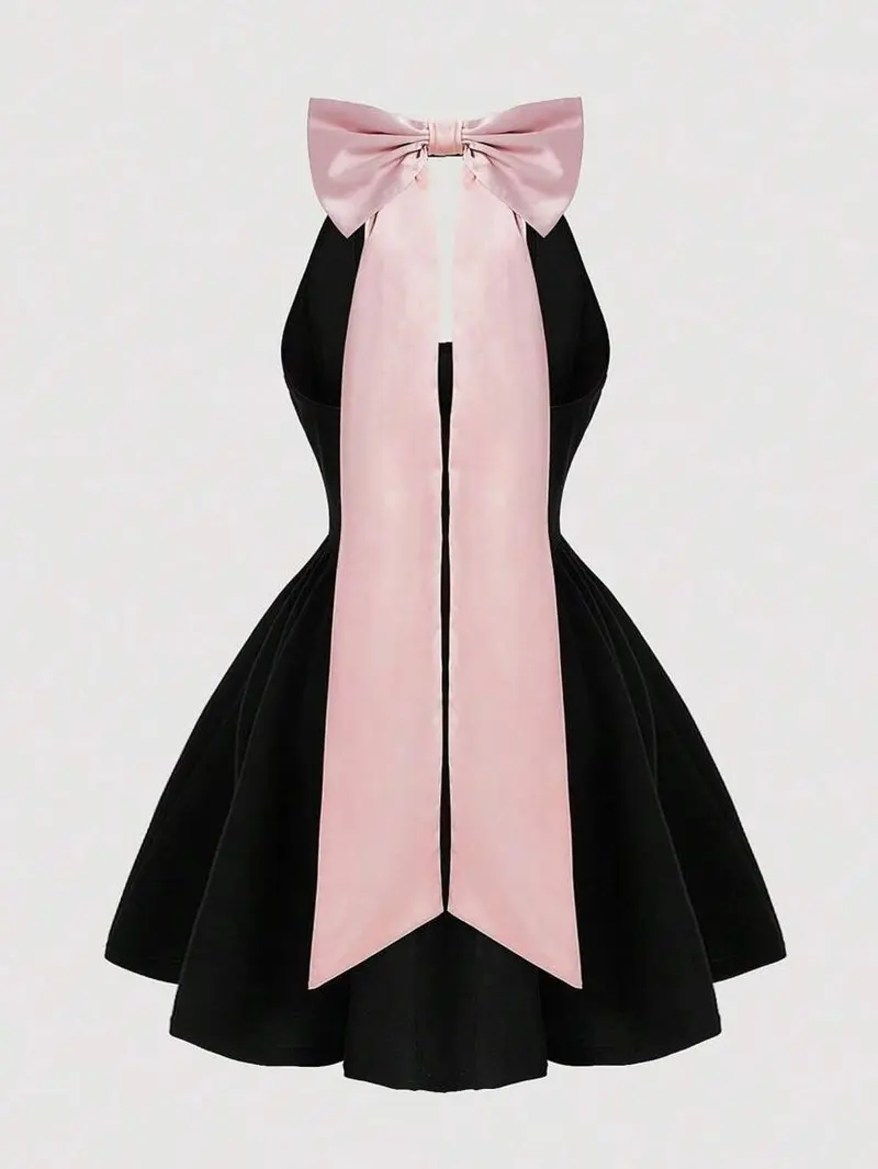 Women’s Halter Neck Color Block Mini Dress with Bow, Sweet Summer Party Outfit