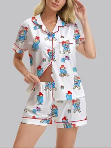 Cute Doll Bear Print Women's Sleepwear Set, Short Sleeve Lapel Cardigan Top and Loose Elastic Shorts, Casual All-Season Home Wear