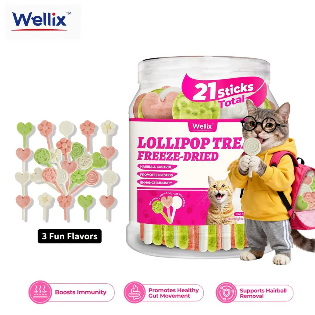 Wellix Freeze-Dried Treats for Dogs and Cats - Cat Grass, Dragon Fruit, Goat Milk Flavor 21pcs, Lollipop Healthy Cat Treats, Chicken Recipe Cat Treats, Low