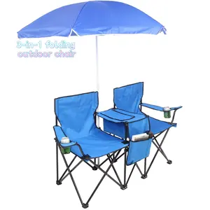 outdoor folding camping chair - double seat with umbrella, folding table, beverage rack, and handbag - suitable for beaches, terraces, and swimming pools