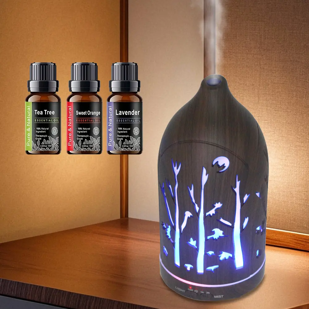 Dark Wood Grain Hollow Forest Pattern Essential Oil Diffuser, 200ml Small Ultrasonic Diffuser, 7 Color Ambient Light, Timer Setting & Auto Power Off for Bedroom Office