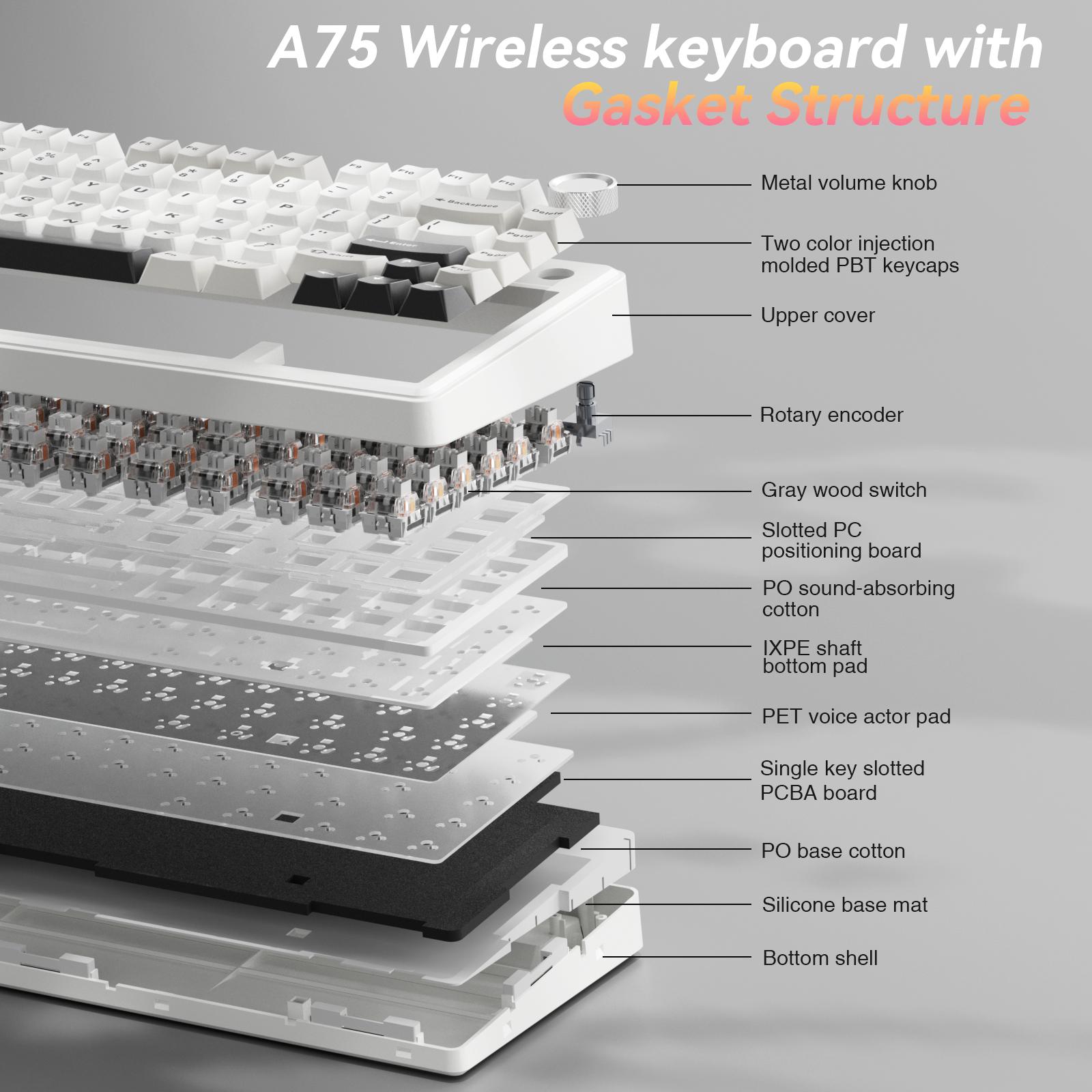 SOLAKAKA A75 75% Wireless Mechanical Keyboard – Hot-swappable RGB gaming keyboard with a sealed design, smooth feel, PBT keycaps, and rotary controls. A creamy keyboard suitable for PC/Mac gaming devices. SOLAKAKA A75 75% Wireless Mechanical Keyboard – Hot-swappable RGB gaming keyboard with a sealed design, smooth feel, PBT keycaps, and rotary controls. A creamy keyboard suitable for PC/Mac gaming devices.