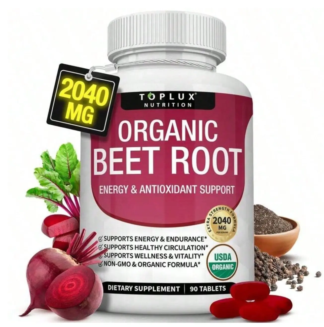 ON Sale Toplux Organic Beet Root Tablets, High Strength 2040mg Nitric Oxide Booster Supplement, Supports Healthy Blood Flow, Heart Health & Workout Endurance, Natural Beetroot Extract Pills Healthcare & Dietary Natural -90 Tablets