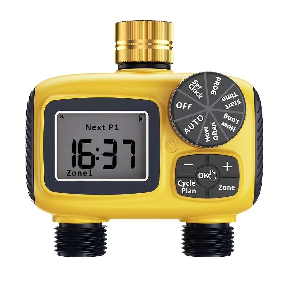 2-Zone Programmable Sprinkler Timer Outdoor | Brass Swivel Water Timer for Garden Hose, Rain Delay, Manual/Automatic Irrigation Controller, Metal, US Connector Thread, No Electricity or Battery Needed