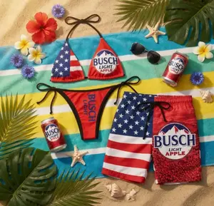 Busch Lght Apple Matching Swimsuit Set, Patriotic Couple Bikini, USA Flag Swim Trunks, Summer Beachwear